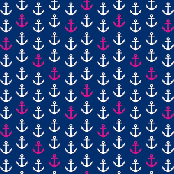 In The Navy Fabric Collection By Camelot Designer Jackie Mcfee Nautical Hot Shocking Pink and White Anchors Anchor on Navy Blue