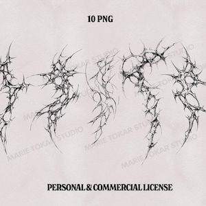 May include: Black and white digital art featuring spiky, abstract shapes. The image includes text that reads "high res", "10 PNG", and "300 DPI". The bottom of the image states "PERSONAL & COMMERCIAL LICENSE".