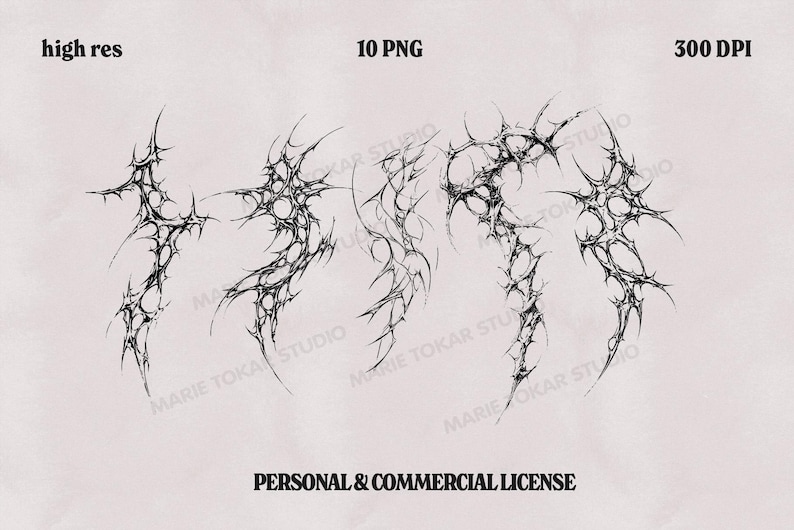 May include: Black and white digital art featuring spiky, abstract shapes. The image includes text that reads "high res", "10 PNG", and "300 DPI". The bottom of the image states "PERSONAL & COMMERCIAL LICENSE".