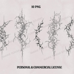 May include: Five black and white abstract graphic designs with spiky, organic shapes. The image includes the text "high res", "10 PNG", and "300 DPI". The bottom of the image reads "PERSONAL & COMMERCIAL LICENSE".