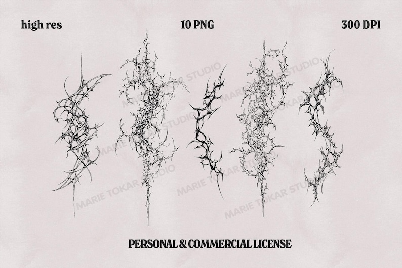 May include: Five black and white abstract graphic designs with spiky, organic shapes. The image includes the text "high res", "10 PNG", and "300 DPI". The bottom of the image reads "PERSONAL & COMMERCIAL LICENSE".