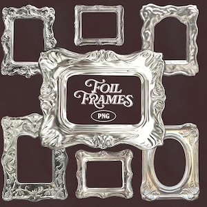 May include: A collection of ornate silver-colored picture frames in various shapes and sizes, including rectangular and oval designs. The frames have detailed, decorative edges. The text "FOIL FRAMES PNG" is displayed in the center.