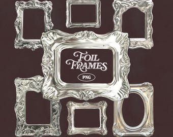Paquete de marcos plateados PNG, marcos de fotos vintage ornamentados, marcos metálicos barrocos PNG, descarga digital para diseñadores y creadores