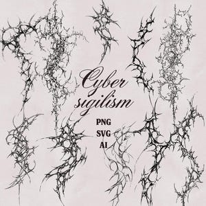 Può includere: Illustrazione digitale in bianco e nero con forme astratte e appuntite. Il testo "Cyber sigilism" è scritto in elegante corsivo, con "PNG", "SVG" e "AI" sotto, che indicano i formati di file.