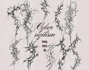 Cyber Sigilism PNG SVG AI Bundle, Abstract Thorn Sigils, Dark Gothic Symbols, Occult Line Art, Experimental Tattoo Design Clipart Set Pack