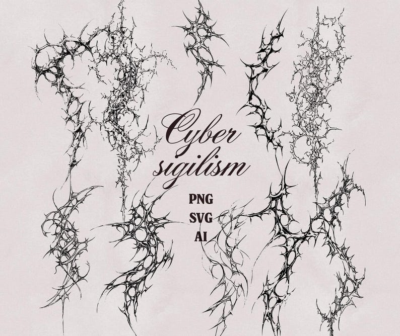 May include: Black and white digital art featuring multiple spiky, abstract shapes. The text "Cyber sigilism" is displayed in elegant script, with "PNG", "SVG", and "AI" below it, indicating file formats.