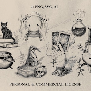Witchcraft Clipart Bundle – 21 PNG SVG AI Designs with Black Cat, Potion, Crystal Ball, Tarot Cards, Magical Elements for Crafts, Halloween image 2