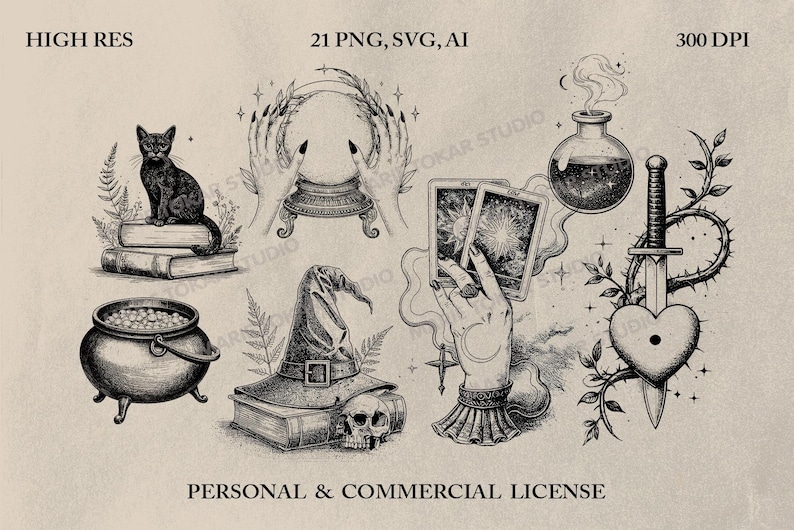Witchcraft Clipart Bundle – 21 PNG SVG AI Designs with Black Cat, Potion, Crystal Ball, Tarot Cards, Magical Elements for Crafts, Halloween image 2