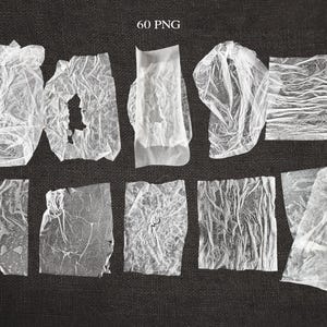 May include: An overhead shot displays ten irregularly shaped, translucent, white paper elements against a dark gray background. The text "60 PNG" is in the upper left corner. The paper pieces have a wrinkled texture.