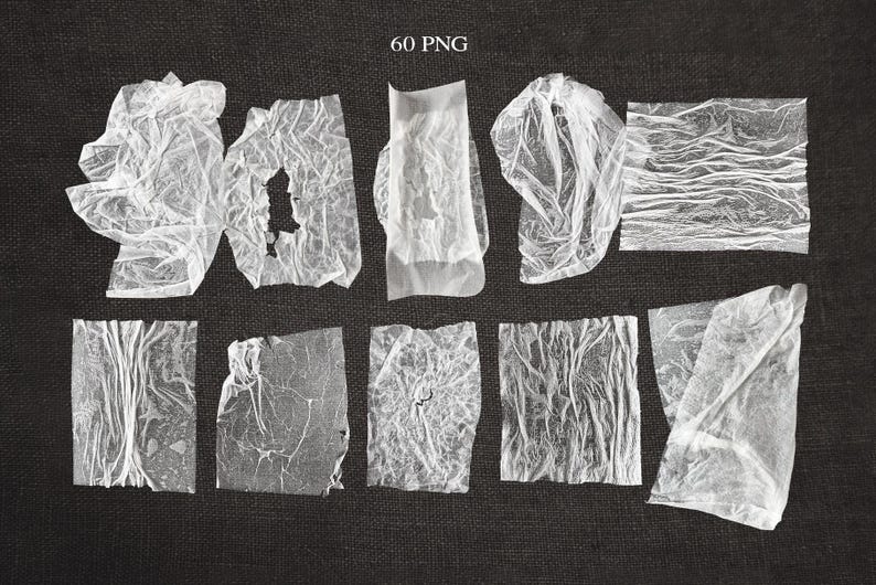 May include: An overhead shot displays ten irregularly shaped, translucent, white paper elements against a dark gray background. The text "60 PNG" is in the upper left corner. The paper pieces have a wrinkled texture.