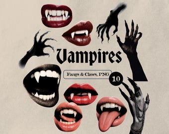 Conjunto de imágenes prediseñadas de vampiros: colmillos, garras, manos góticas, bocas de vampiro. Imágenes PNG realistas para Halloween, pegatinas, sublimación y decoración espeluznante.