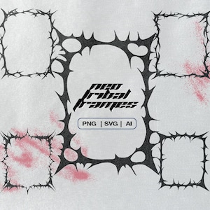 May include: Digital design featuring black neo tribal frames with thorn-like edges and a central design. The text "neo tribal frames" is displayed, along with "PNG | SVG | AI". Pink spray-paint-like accents are visible.
