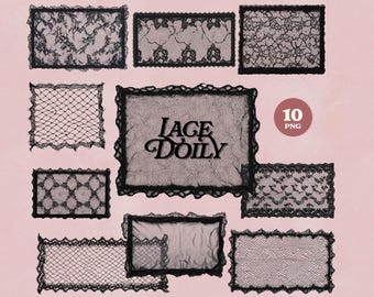 May include: A collection of ten black lace doilies in various rectangular shapes. The doilies feature intricate floral and geometric patterns, with scalloped edges. The text "Lace Doily" is displayed in a decorative font on one of the doilies.