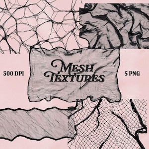 Puede incluir: Composición de arte digital con varias texturas de malla negra sobre un fondo rosa suave. La imagen incluye el texto "Mesh Textures", "300 DPI" y "5 PNG", mostrando diferentes patrones de malla para uso en diseño.