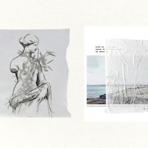 May include: Two art prints on a white background. The left print is a pencil sketch of a classical statue with foliage shadows. The right print has a landscape photo with text that reads "Life is a matter of waves from the ocean of choice."