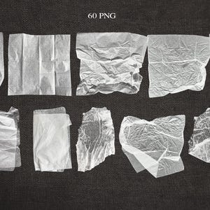 May include: An assortment of ten white, crumpled tissue paper pieces arranged on a dark gray surface. The tissue paper is in various shapes and sizes, with visible folds and textures. The image includes the text "60 PNG".