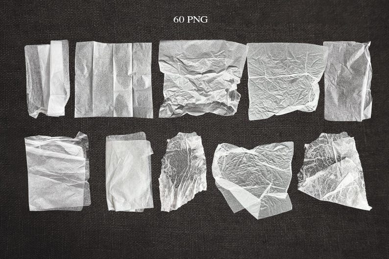 May include: An assortment of ten white, crumpled tissue paper pieces arranged on a dark gray surface. The tissue paper is in various shapes and sizes, with visible folds and textures. The image includes the text "60 PNG".