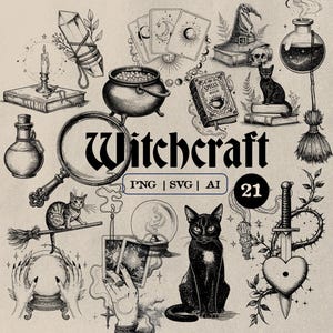 May include: Black and white illustration featuring witchcraft-themed elements. Includes a cauldron, tarot cards, a witch's hat, a black cat, a crystal ball, a magnifying glass, and the word "Witchcraft".