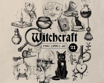 Witchcraft Clipart Bundle – 21 PNG SVG AI Designs with Black Cat, Potion, Crystal Ball, Tarot Cards, Magical Elements for Crafts, Halloween