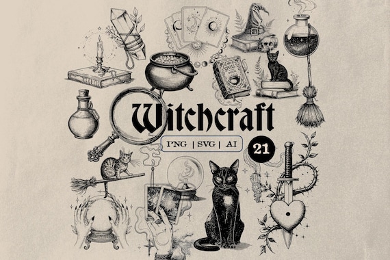 Witchcraft Clipart Bundle – 21 PNG SVG AI Designs with Black Cat, Potion, Crystal Ball, Tarot Cards, Magical Elements for Crafts, Halloween