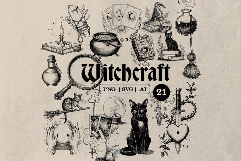 May include: Black and white illustration featuring witchcraft-themed elements. Includes a cauldron, tarot cards, a witch's hat, a black cat, a crystal ball, a magnifying glass, and the word "Witchcraft".