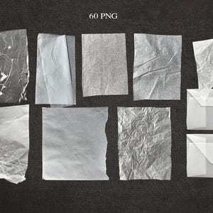 May include: An assortment of translucent, crumpled, and torn paper textures in shades of white and gray. The image includes rectangular and irregularly shaped pieces, along with two small white envelopes. The text "60 PNG" is at the top.