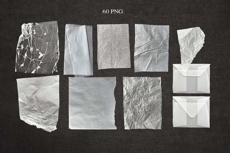May include: An assortment of translucent, crumpled, and torn paper textures in shades of white and gray. The image includes rectangular and irregularly shaped pieces, along with two small white envelopes. The text "60 PNG" is at the top.