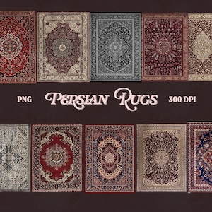 May include: A collection of Persian rugs in various colors and designs. The rugs feature intricate patterns and borders, with colors including red, blue, beige, and black. The text "PNG Persian Rugs 300 DPI" is displayed.