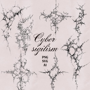 Può includere: Arte digitale in bianco e nero con diverse forme organiche appuntite disposte in varie composizioni. Il testo "Cyber sigilism" è visualizzato in una scrittura elegante, con "PNG SVG AI" sotto.