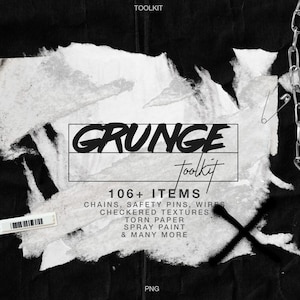 May include: A black and white grunge toolkit with 106+ items, including chains, safety pins, wires, checkered textures, torn paper, spray paint, and many more. The text "GRUNGE Toolkit" is written in black on a white background.