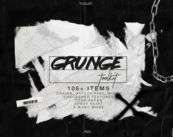 May include: A black and white grunge toolkit with 106+ items, including chains, safety pins, wires, checkered textures, torn paper, spray paint, and many more. The text "GRUNGE Toolkit" is written in black on a white background.