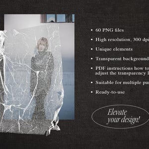 May include: Image featuring a person behind a translucent, crinkled sheet. The image includes a list of features: 60 PNG files, high resolution, unique elements, transparent background, PDF instructions, suitable for multiple purposes, and ready-to-use. Text: Elevate your design!