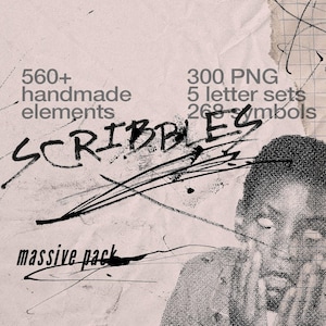 Puede incluir: Una ilustración digital de garabatos en blanco y negro con el texto "560+ elementos hechos a mano" y "300 PNG 5 conjuntos de letras 268 símbolos" y "SCRIBBLES" en texto negro. El texto "paquete masivo" también está incluido en texto negro.