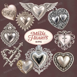 Könnte beinhalten: Eine Sammlung von herzförmigen Anhängern und Charms aus silberfarbenem Metall. Designs umfassen Herzen mit Flügeln, Rosen, Kronen, Kreuzen und einem Schwert. Der Text "Metal Hearts 10 PNG" ist ebenfalls vorhanden.