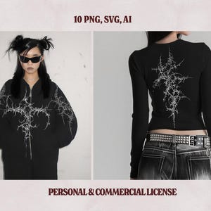 May include: Black zip-up hoodie and long-sleeve shirt with a white, spiky graphic design. The hoodie has a front zipper and the shirt has the same design on the back. The image also includes the text "high res", "10 PNG, SVG, AI", "300 DPI", and "PERSONAL & COMMERCIAL LICENSE".