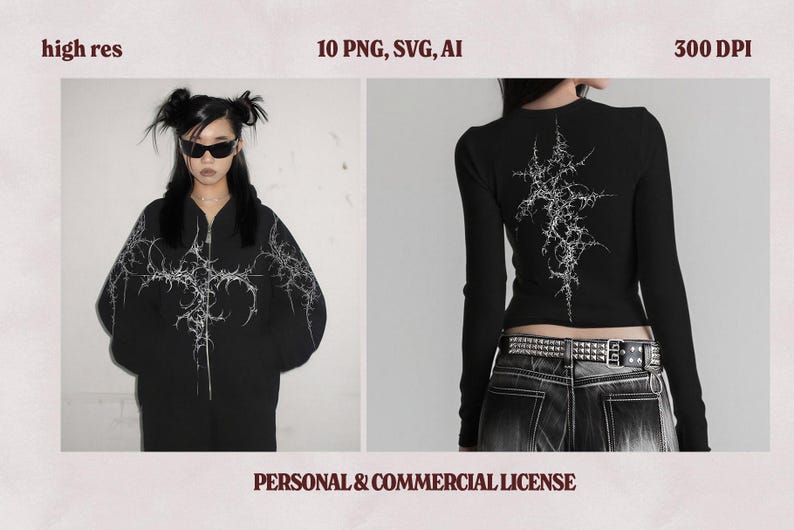 May include: Black zip-up hoodie and long-sleeve shirt with a white, spiky graphic design. The hoodie has a front zipper and the shirt has the same design on the back. The image also includes the text "high res", "10 PNG, SVG, AI", "300 DPI", and "PERSONAL & COMMERCIAL LICENSE".