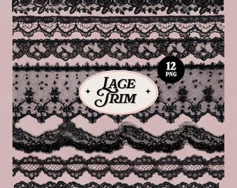 Schwarze Spitze Trim PNG Clipart Bundle, Gothic Spitze Bordüren, Vintage viktorianische Spitze Overlay, Dunkel Romantische Scrapbook Collage Elemente, 12 PNG