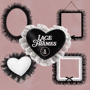 May include: Five lace frames in different shapes, including oval, square, and heart. The frames are adorned with black tulle and white lace. A central black heart-shaped frame has the text "Lace Frames" and "5 PNG".