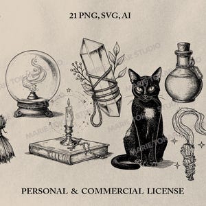 May include: Black and white illustration of mystical objects including a crystal, a black cat, a potion bottle, a broom, a crystal ball, a candle, a book, and a bundle of herbs. The image includes the text "HIGH RES", "21 PNG, SVG, AI", and "300 DPI".