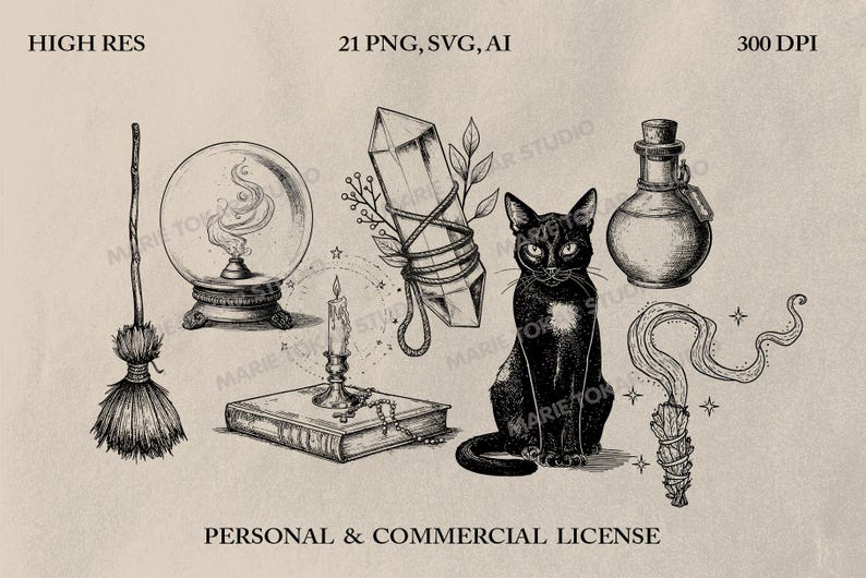 May include: Black and white illustration of mystical objects including a crystal, a black cat, a potion bottle, a broom, a crystal ball, a candle, a book, and a bundle of herbs. The image includes the text "HIGH RES", "21 PNG, SVG, AI", and "300 DPI".