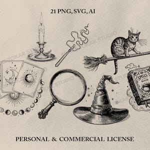 May include: A collection of black and white illustrations featuring mystical and witchy elements. Includes tarot cards, a candle, a magnifying glass, a witch's hat, a cat on a broom, and a spell book. The text "HIGH RES" and "PERSONAL & COMMERCIAL LICENSE" are also present.