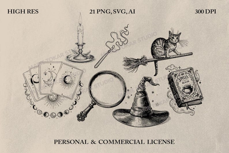 May include: A collection of black and white illustrations featuring mystical and witchy elements. Includes tarot cards, a candle, a magnifying glass, a witch's hat, a cat on a broom, and a spell book. The text "HIGH RES" and "PERSONAL & COMMERCIAL LICENSE" are also present.