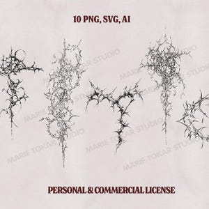 May include: Digital art elements in black, featuring spiky, organic shapes. The image includes text: "high res", "10 PNG, SVG, AI", and "300 DPI". The bottom text reads "PERSONAL & COMMERCIAL LICENSE".