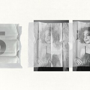 May include: A grayscale composition featuring a woman's portrait partially obscured by translucent paper. The image is divided into three sections, with the woman's face and upper body visible through the paper. A package with the number "5" is on the left.