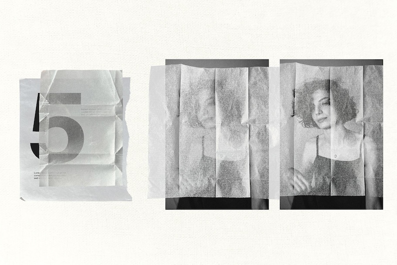 May include: A grayscale composition featuring a woman's portrait partially obscured by translucent paper. The image is divided into three sections, with the woman's face and upper body visible through the paper. A package with the number "5" is on the left.
