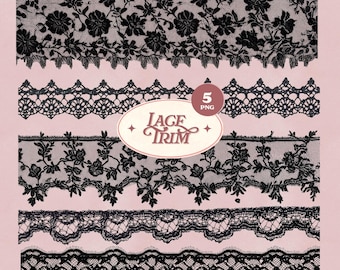 May include: A collection of five black lace trims with various floral and geometric patterns, set against a soft pink background. The image includes the text "Lace Trim" in an oval design, and a "5 PNG" label.