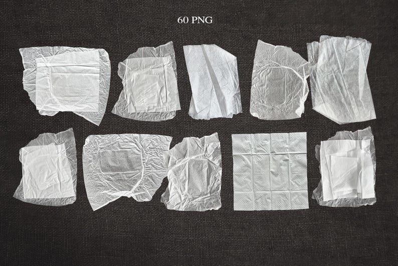 May include: An assortment of ten white, square-shaped paper items, each wrapped in translucent, crinkled paper. The items are arranged on a dark gray textured surface. The text "60 PNG" is visible in the upper left corner.