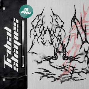 May include: Black and white graphic design with a tribal theme. The design features sharp, angular lines and shapes, creating a bold and edgy aesthetic. The design is set against a textured background.
