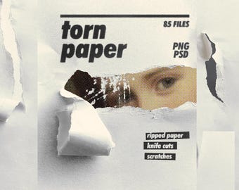 Torn Paper Bundle: 85 PNG, PSD Ripped Paper, Knife Cuts, Scratches, Transparent Background, Paper Texture, Grunge Collage, Photoshop Mockups