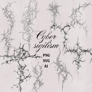 Könnte beinhalten: Digitales Kunstwerk mit mehreren schwarzen, stacheligen und miteinander verbundenen abstrakten Designs vor einem hellen Hintergrund. Der Text "Cyber sigilism" ist in eleganter Schrift dargestellt, darunter "PNG, SVG, AI". Die Gesamtästhetik ist dunkel und komplex.
